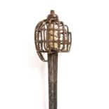 An antique Scottish basket hilt sword, with a ray skin grip, the blade 81cm in length Blade rusted