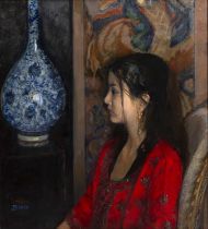 Jane Bond (1939), seated girl with a Chinese bottle vase, oil on canvas 74.5cm x 66cm Qty: 1 In good