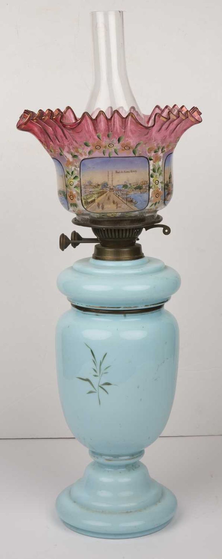A 19th century blue glass oil lamp the cranberry glass shade with painted decoration. 53cm high - Bild 2 aus 4