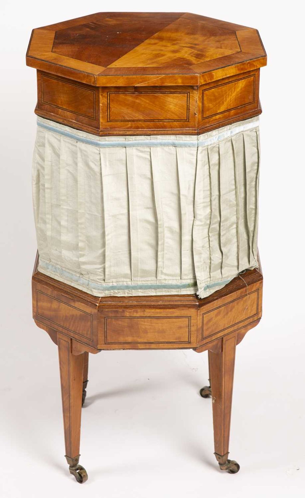 A 19th century satinwood octagonal sewing table with silk sides. 40cm wide x 78cm high some - Image 4 of 5