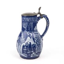 An early 18th century Dutch delft tankard in blue Persian style circa 1700-1720. 19cm wide 31cm high