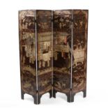 A 19th century eastern carved and lacquered wood four fold screen 162cm wide x 176cm high some chips