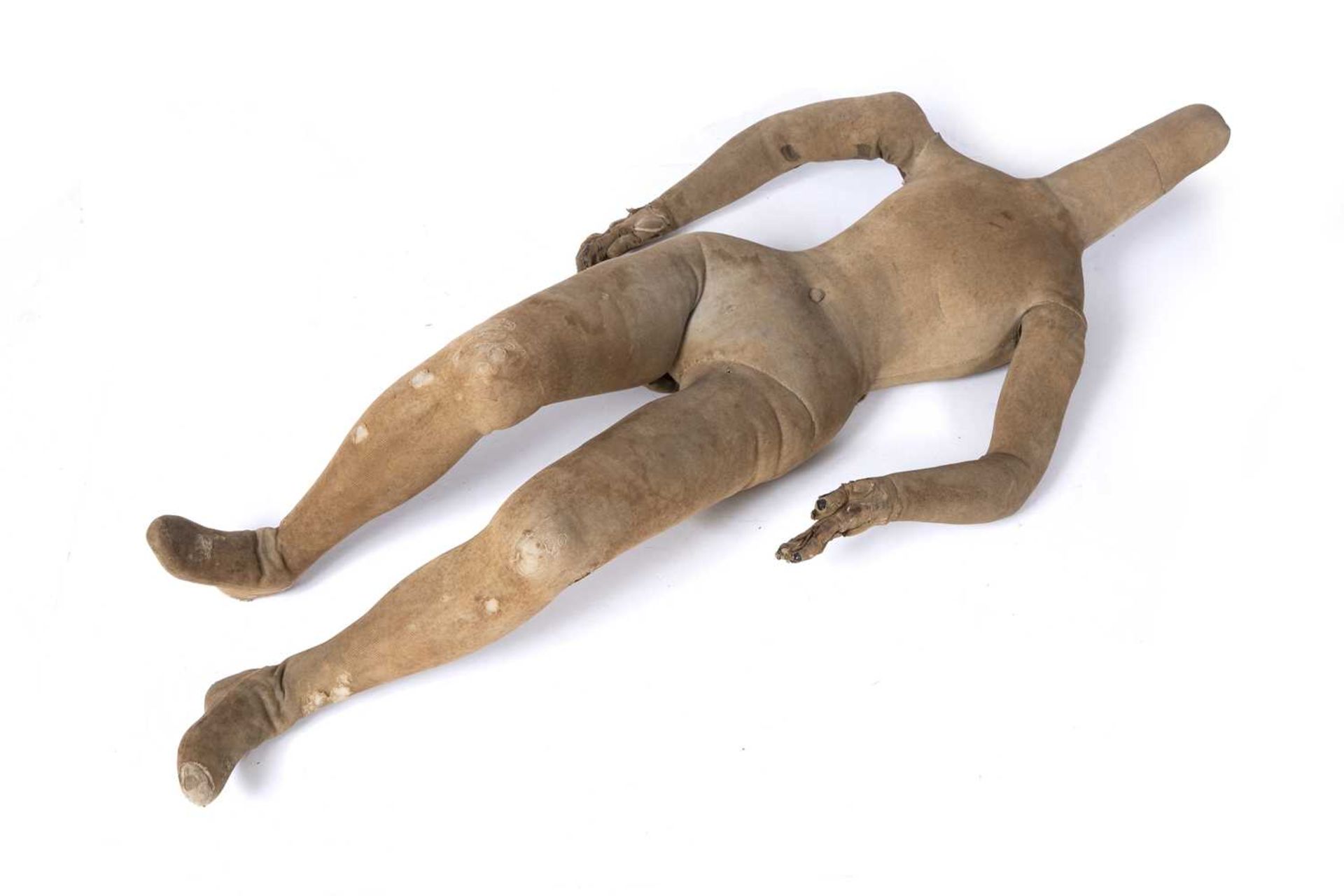 A mid 19th century child size artists lay figure with articulated brass joints and a wooden frame - Image 4 of 5