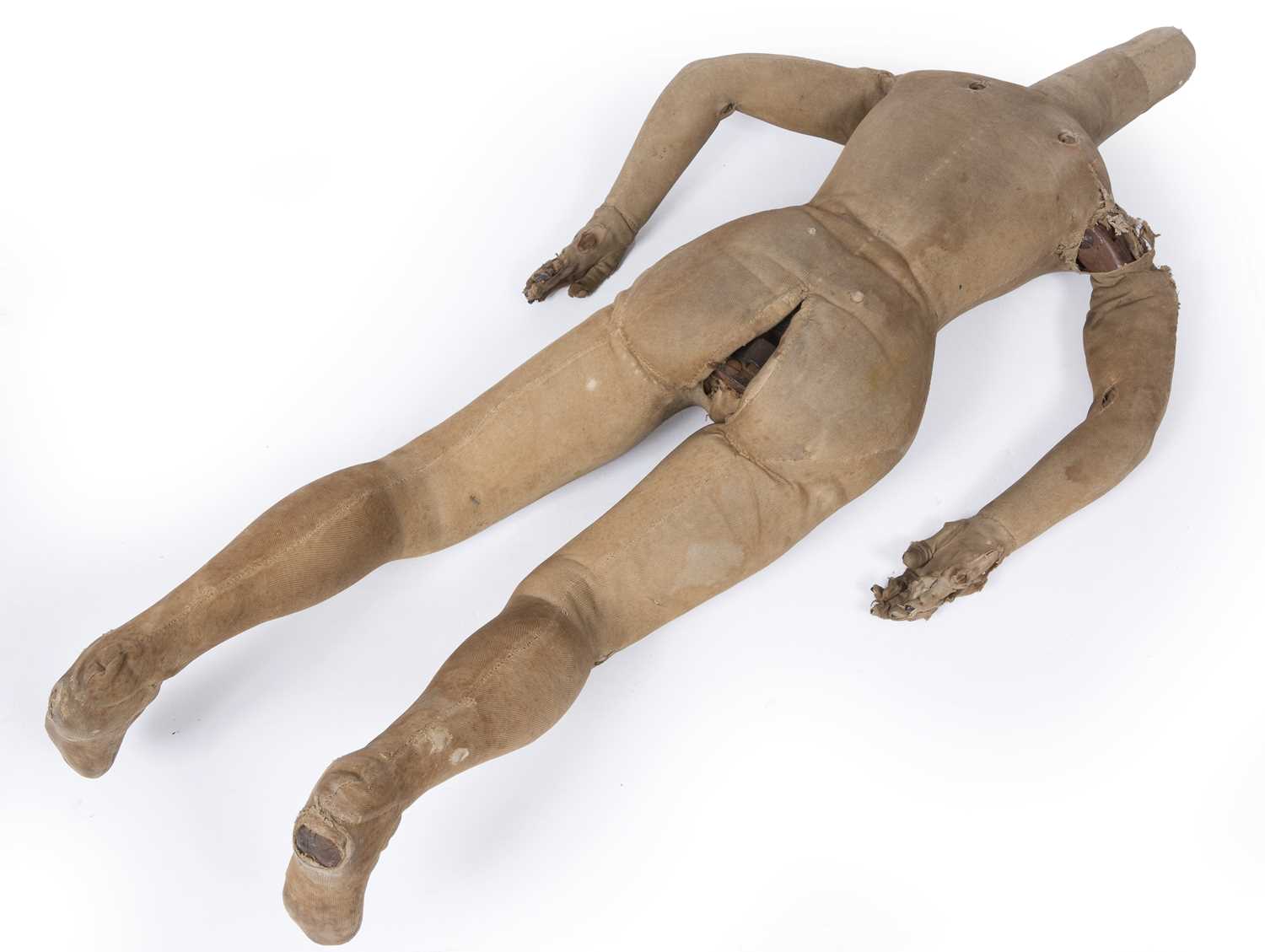 A mid 19th century child size artists lay figure with articulated brass joints and a wooden frame - Bild 5 aus 5