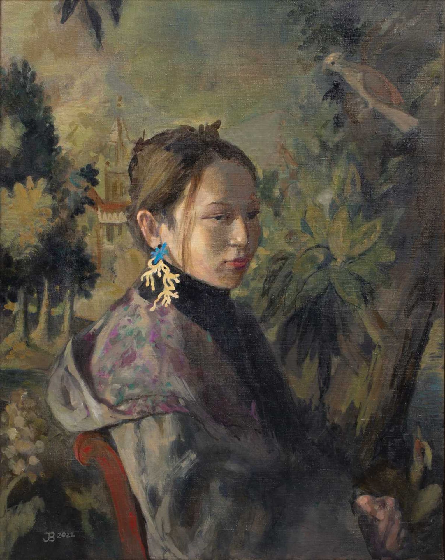 Jane Bond (1939) 'Etta', head and shoulder portrait, oil on canvas. 75cm x 59cm Mounted in an