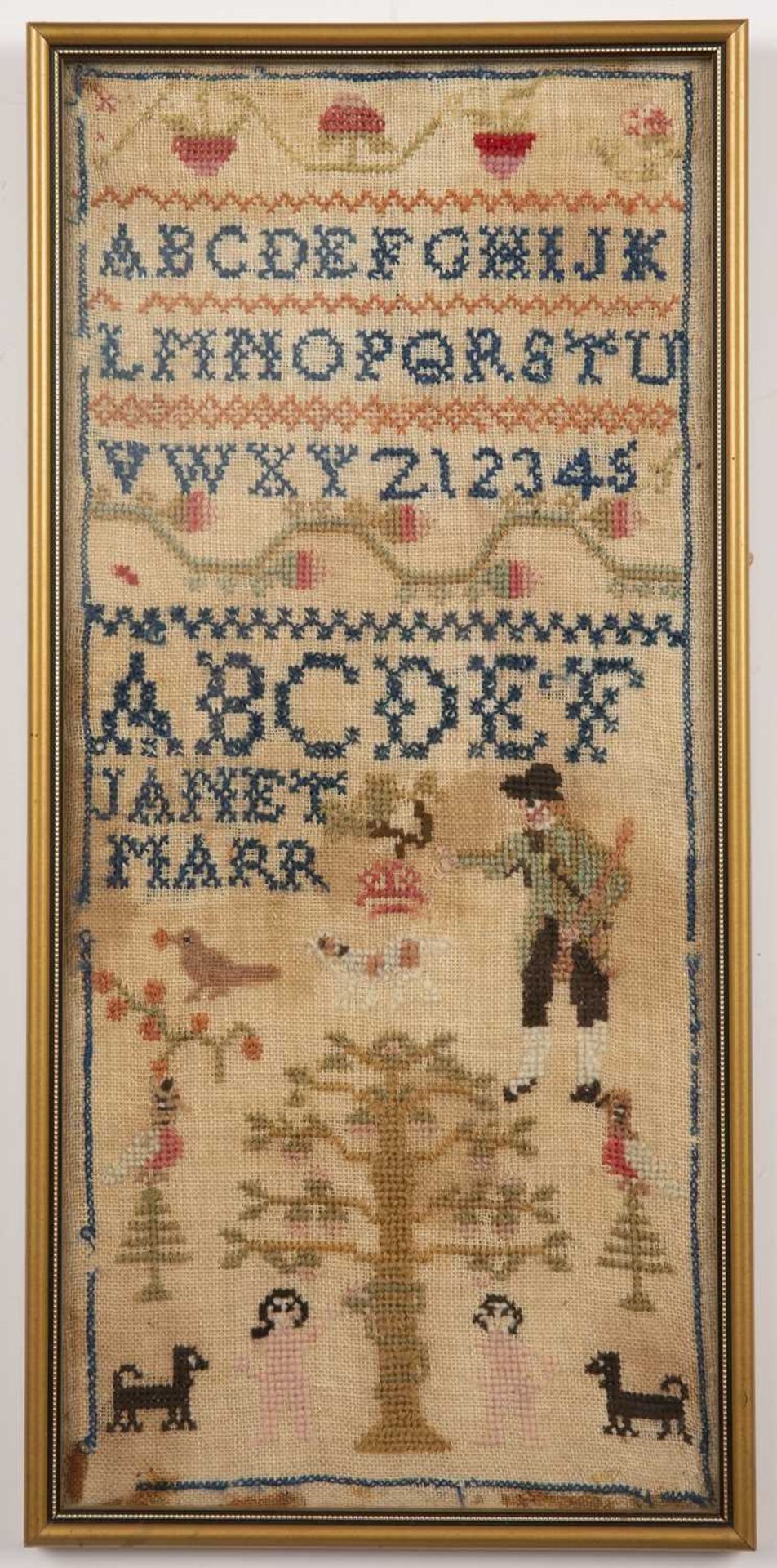 A late 19th century woolwork Alphabet sampler worked by Janet Marr 44cm x 19cm some stains - Image 2 of 3