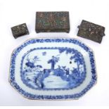 An 18th century Chinese blue and white porcelain octagonal tray together with an eastern enamelled