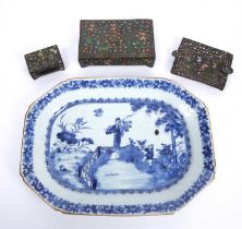 An 18th century Chinese blue and white porcelain octagonal tray together with an eastern enamelled