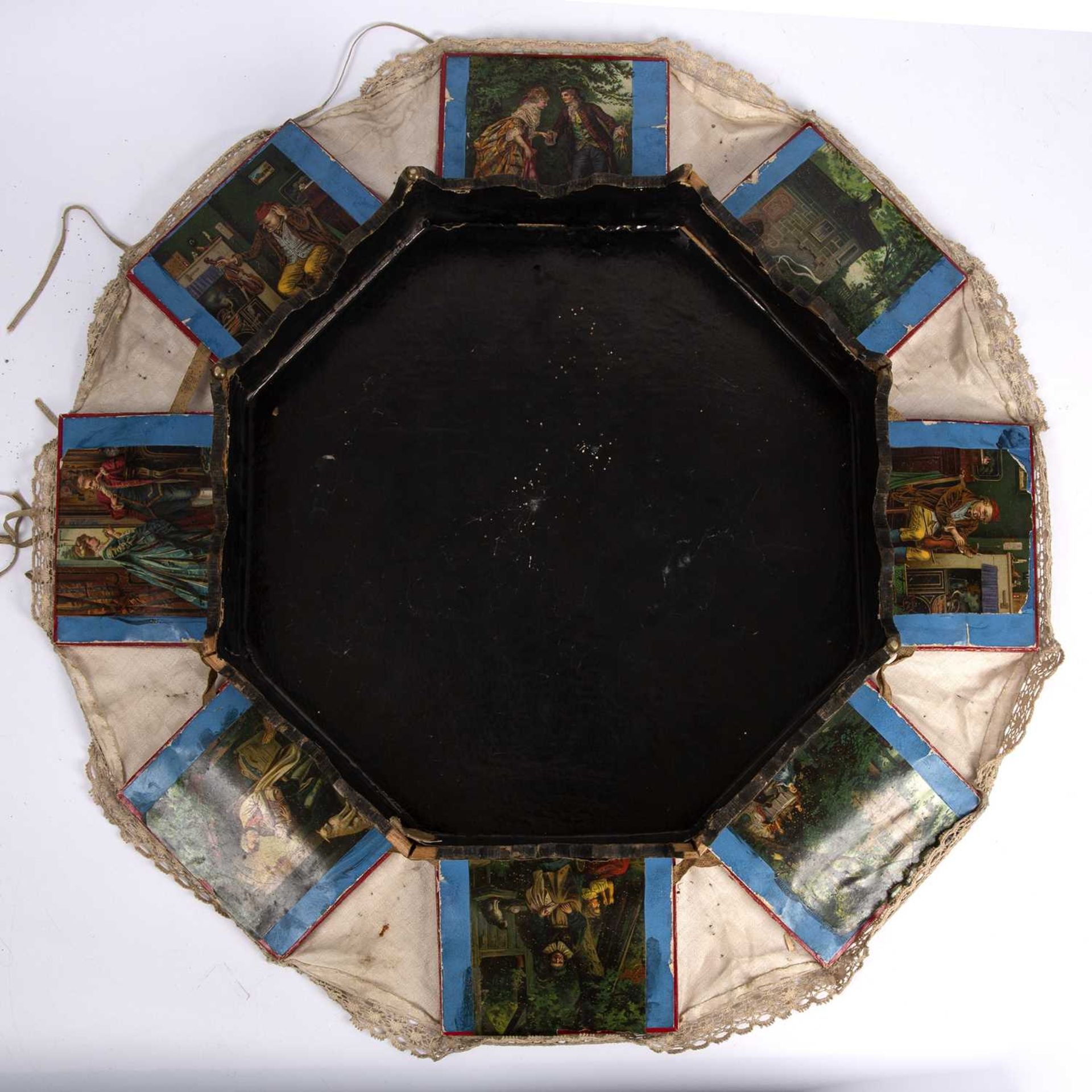 An early 20th century octagonal card box theatre together with a doll's porcelain tea set 32cm - Bild 16 aus 21