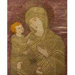 A 19th century or earlier European Madonna and child with bullion work on a manganese silk