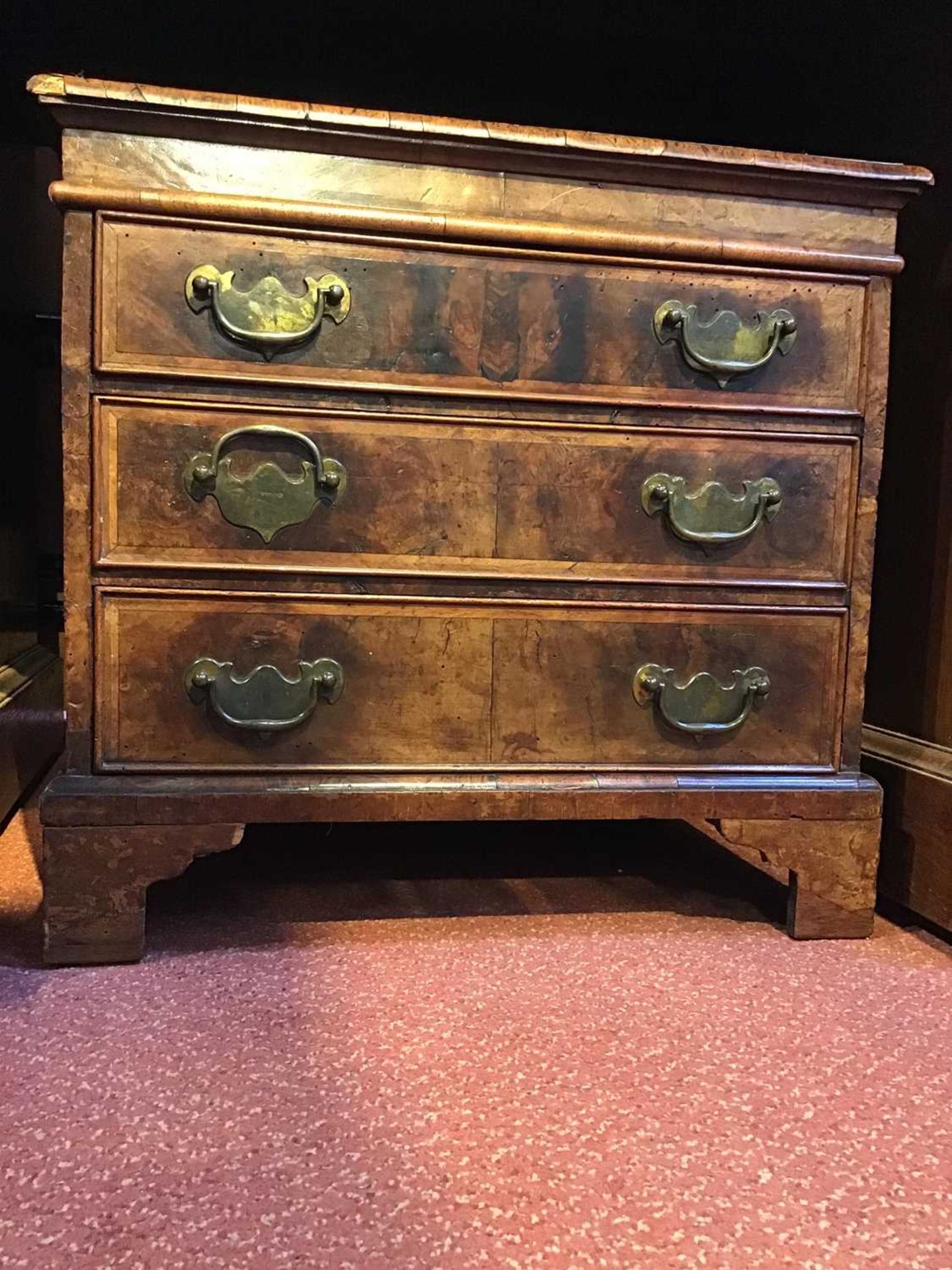 An antique and later walnut small chest of three drawers with brass carrying handles, brass ring - Image 8 of 21