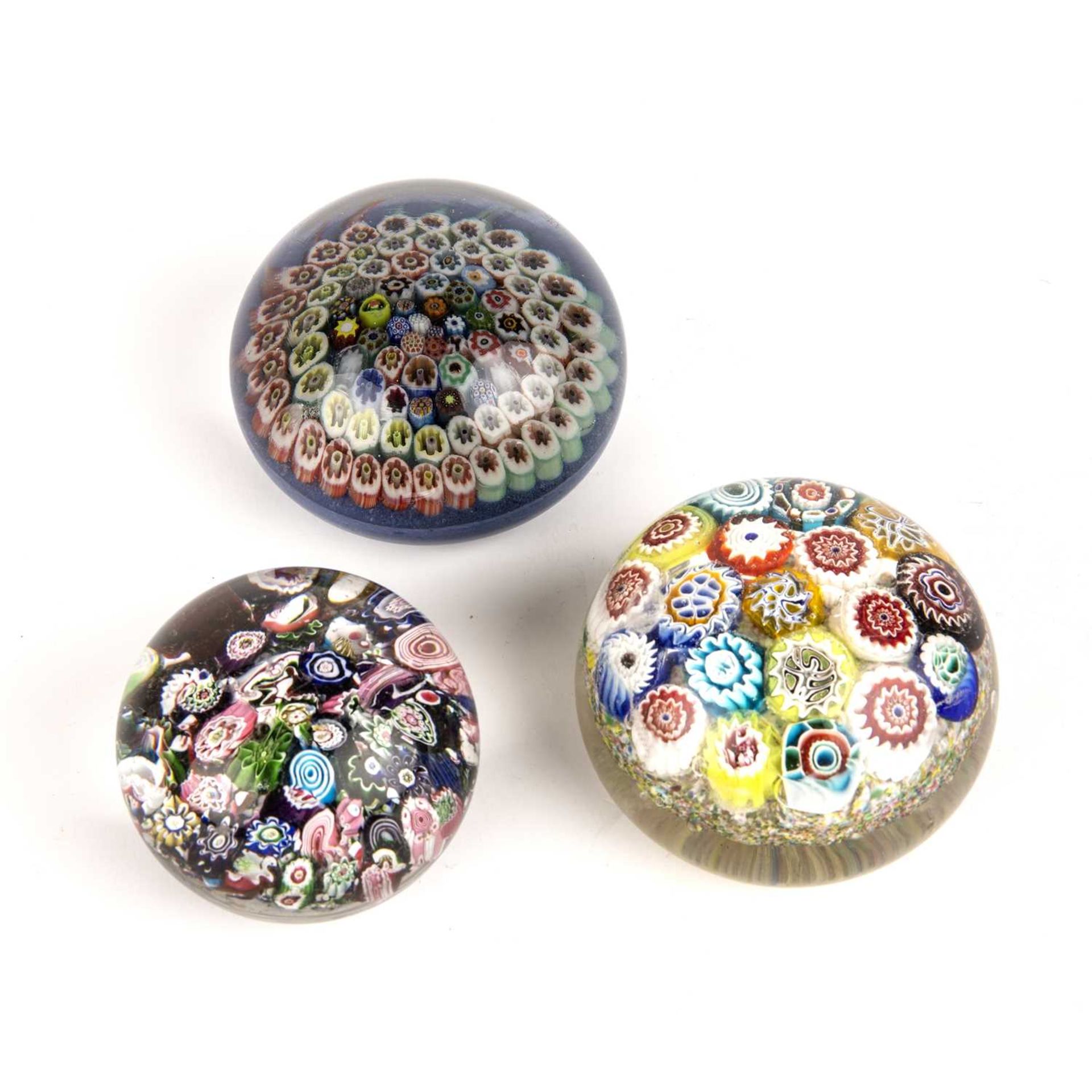 Three antique French style Millefiori paperweights the largest 8cm wide 5.5cm high. The largest good