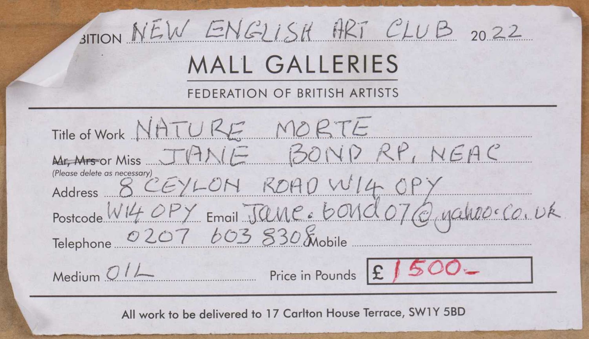 Jane Bond (1939), 'Nature Morte', oil on canvas 41cm x 34cm Exhibited at The New English Art Club, - Bild 4 aus 4