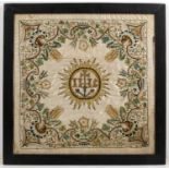 A late 18th/early 19th century silk embroidered panal or altar cloth with painted spangles and