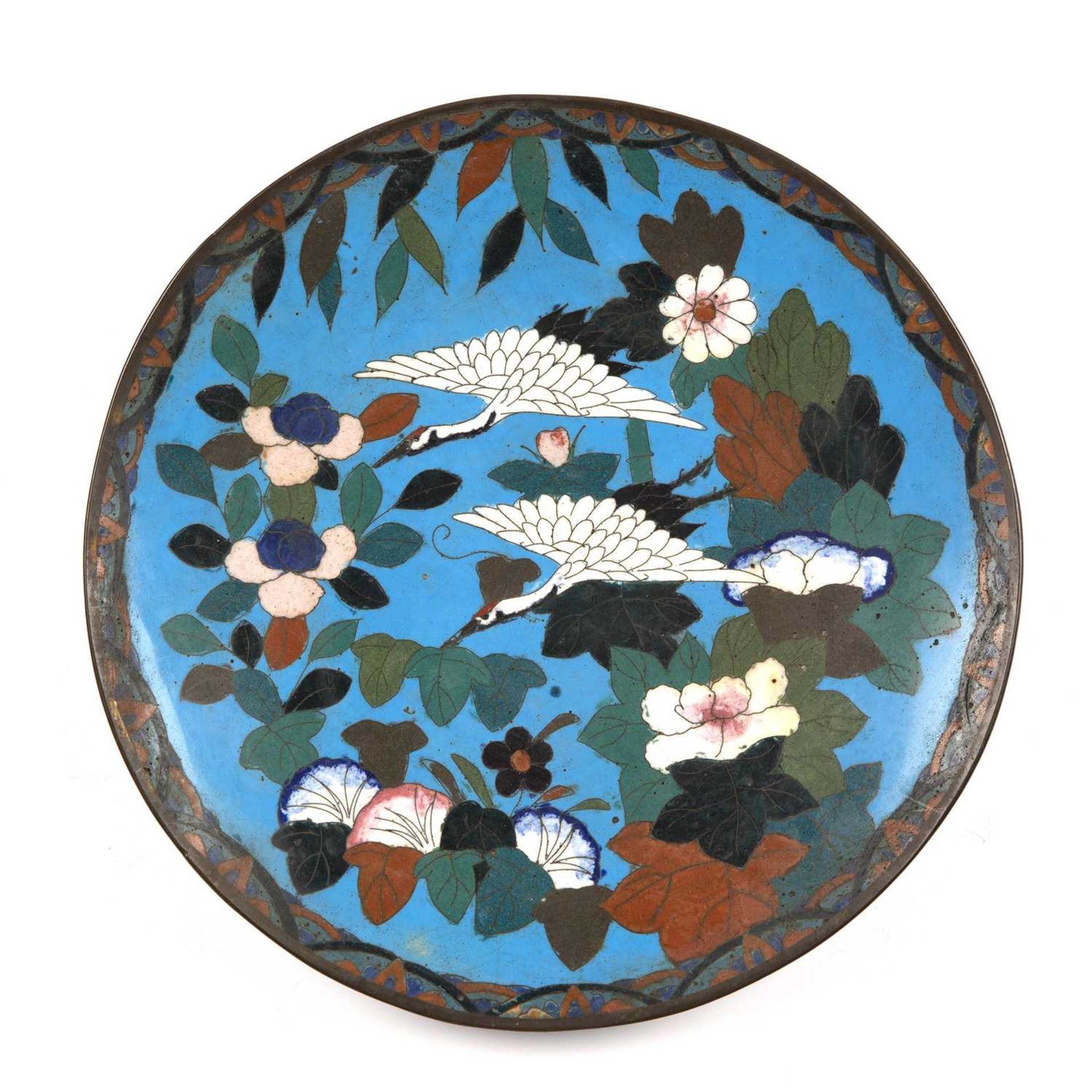A Japanese Meiji cloisonne charger 30cm diameter good small surface marks and hairline to base