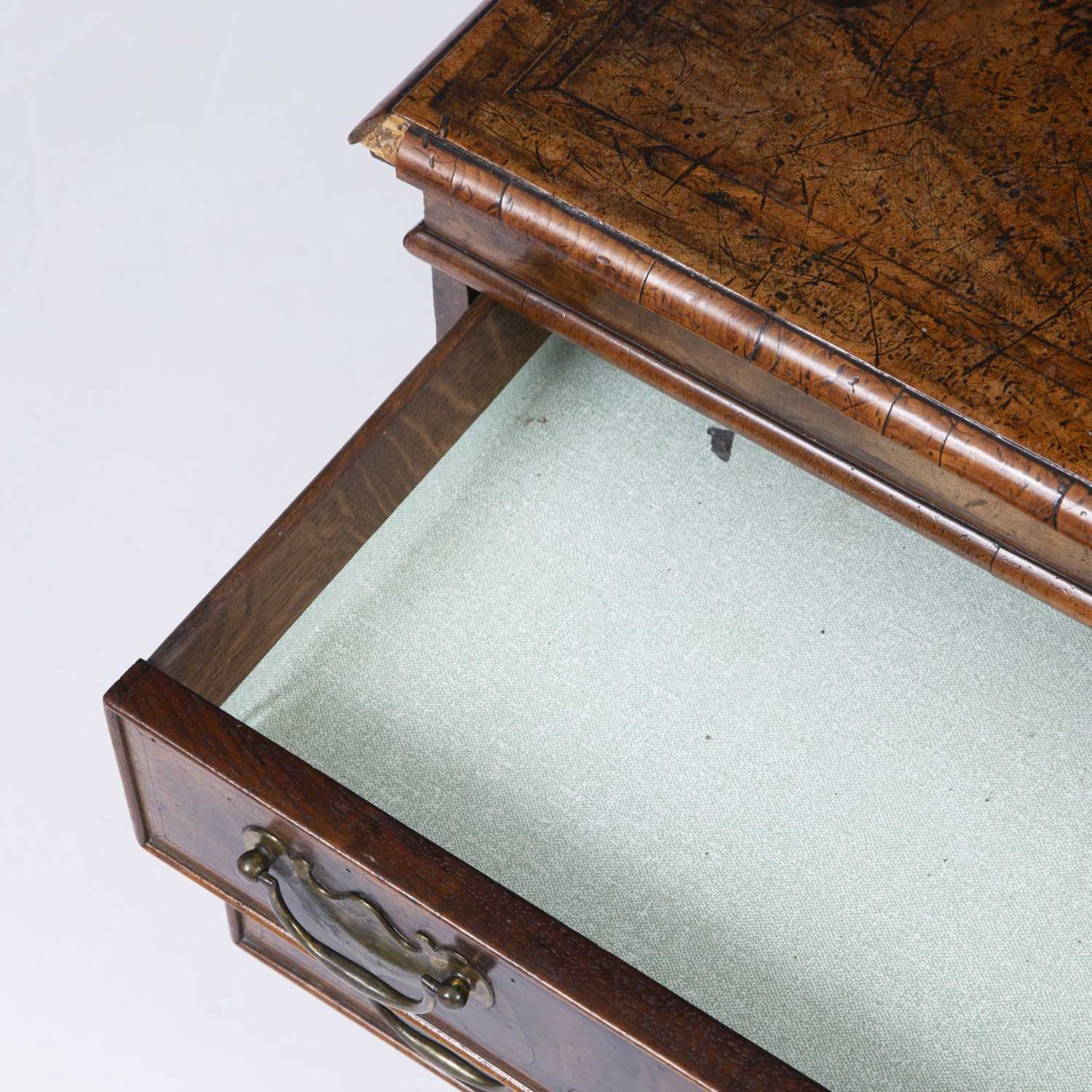 An antique and later walnut small chest of three drawers with brass carrying handles, brass ring - Image 4 of 21