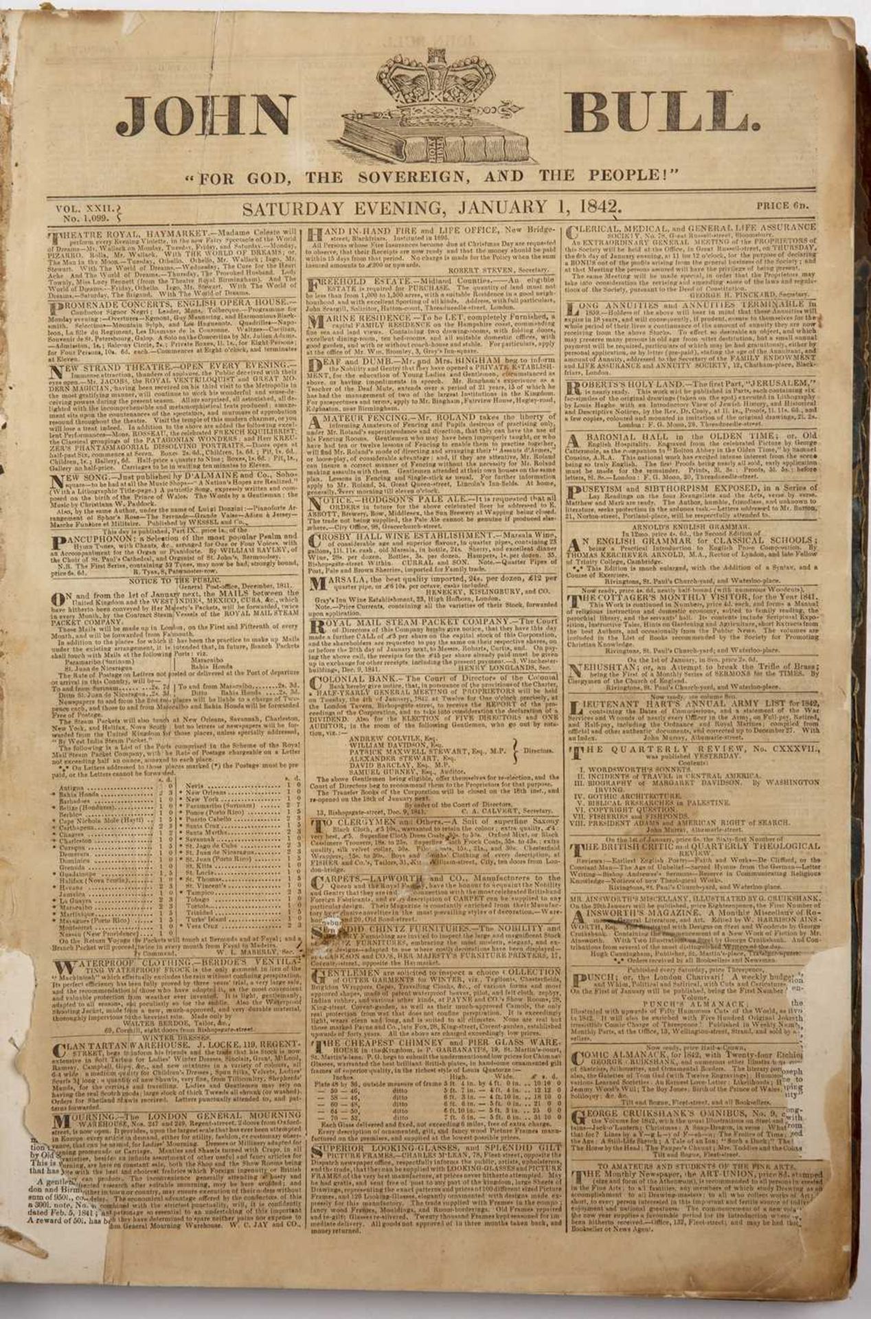 John Bull Newspaper January 1 1842 to December 31 1842. Fo. marbled boards (loose) plus Bunyan ( - Image 4 of 4
