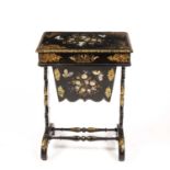 A Victorian lacquered Papier mache and mother of pearl inlaid sewing table. 55cm wide 38cm deep