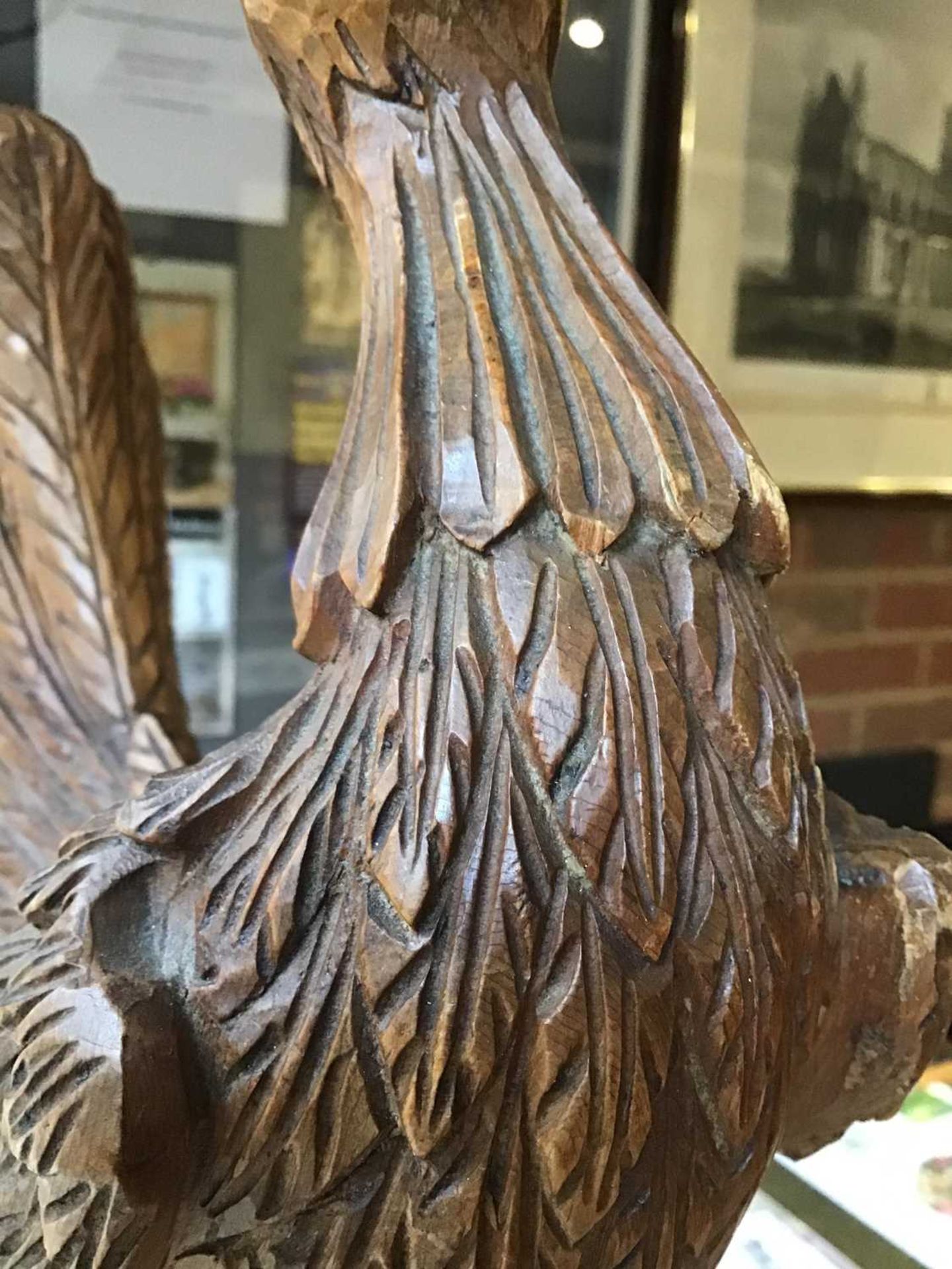 A French carved pine model of a cockrel, 23cm wide x 45cm high Chips, cracks and restoration. - Image 6 of 10