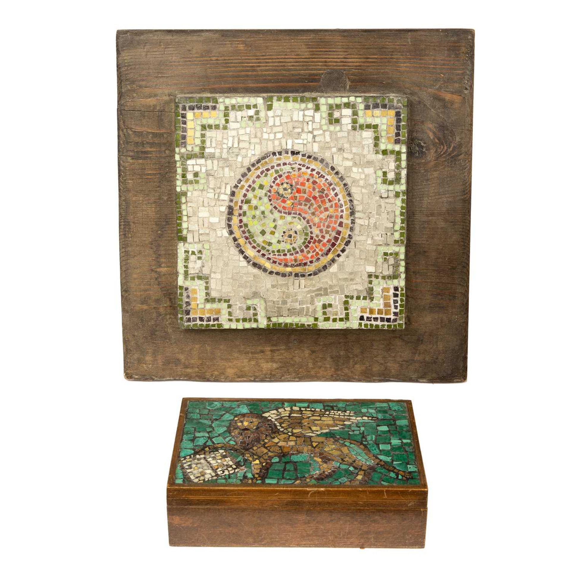 Vestey Entwistle 1970s wooden box inset polychrome mosaic panel decorated with the Lion of Venice
