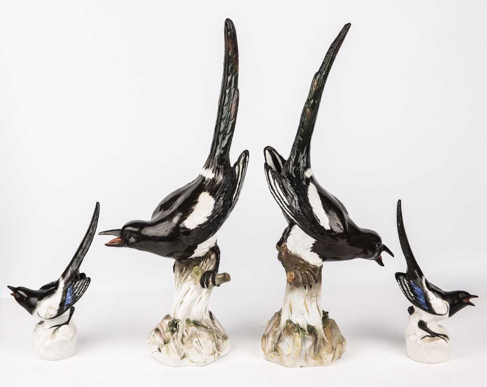 A pair of late 19th century Meissen magpies , blue crossed swords mark D 62a and 62b, after the - Image 2 of 21