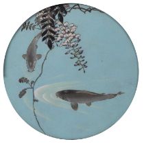 A 19th century Japanese cloisonne enamel plaque depicting carp and mounted in a red lacquered frame.