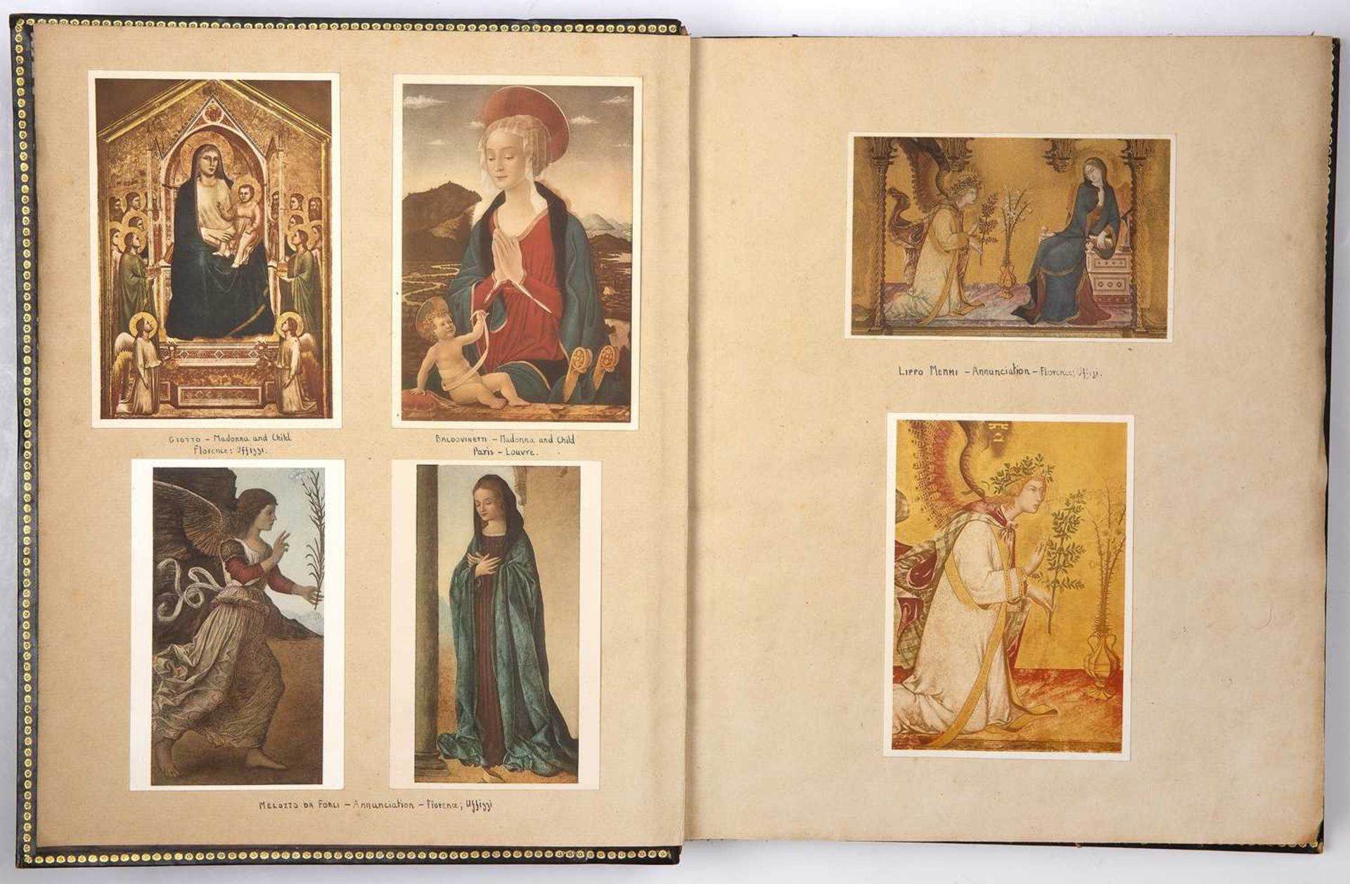 A gilt tooled leather bound album containing a collection of coloured prints of Old Master paintings