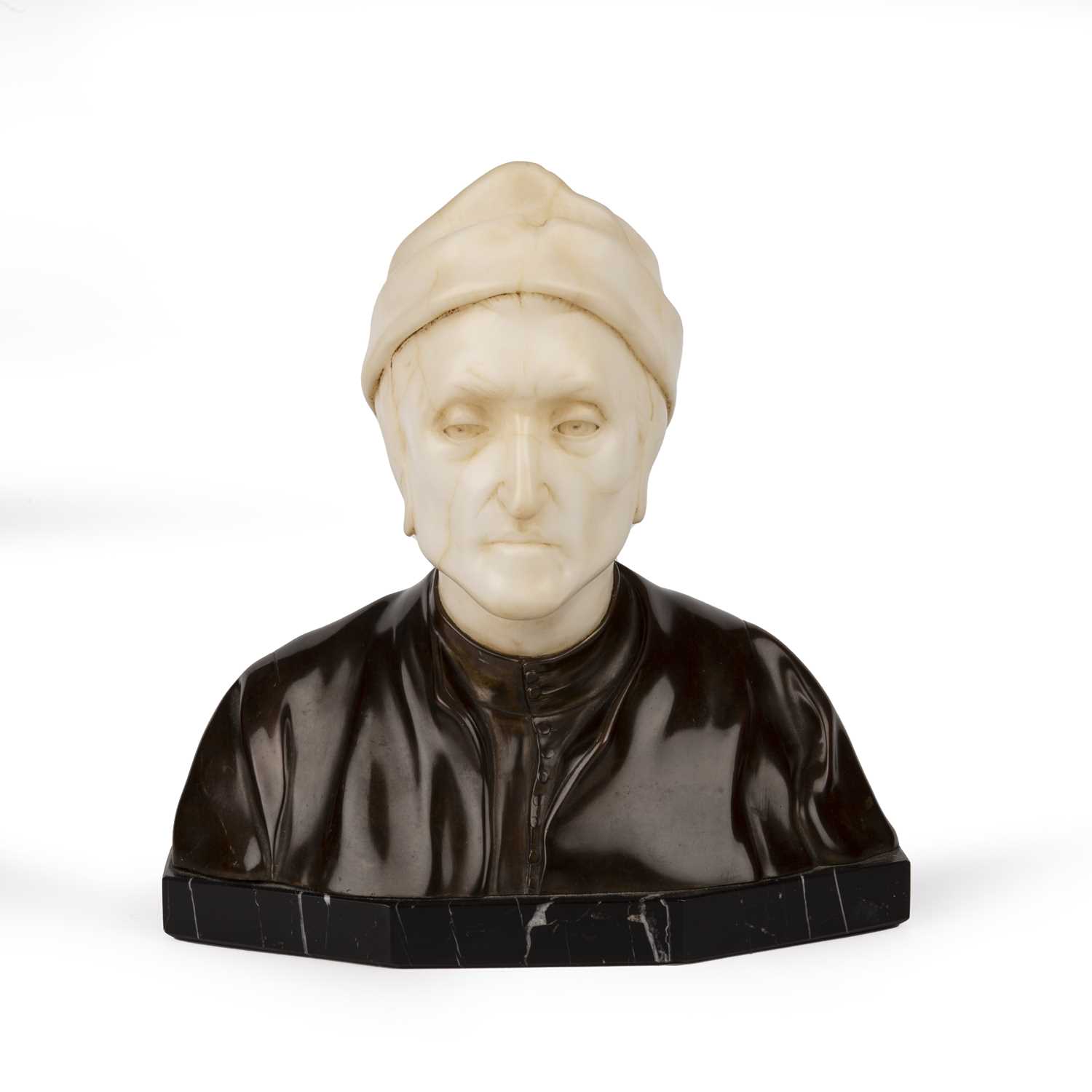An early 20th century bronze and alabaster head and shoulder bust of Dante by Schumacher 27cm wide