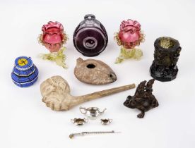 Miscellaneous to include a minature silver tea set, a Scottish silver brooch, a Roman oil lamp, an