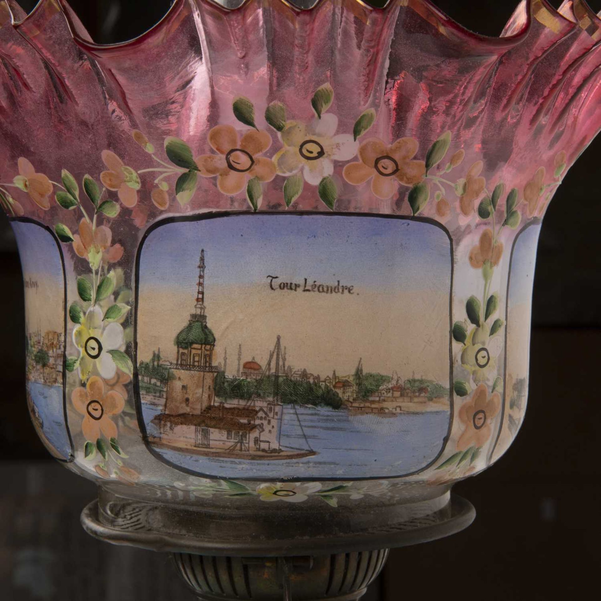 A 19th century blue glass oil lamp the cranberry glass shade with painted decoration. 53cm high - Bild 3 aus 4