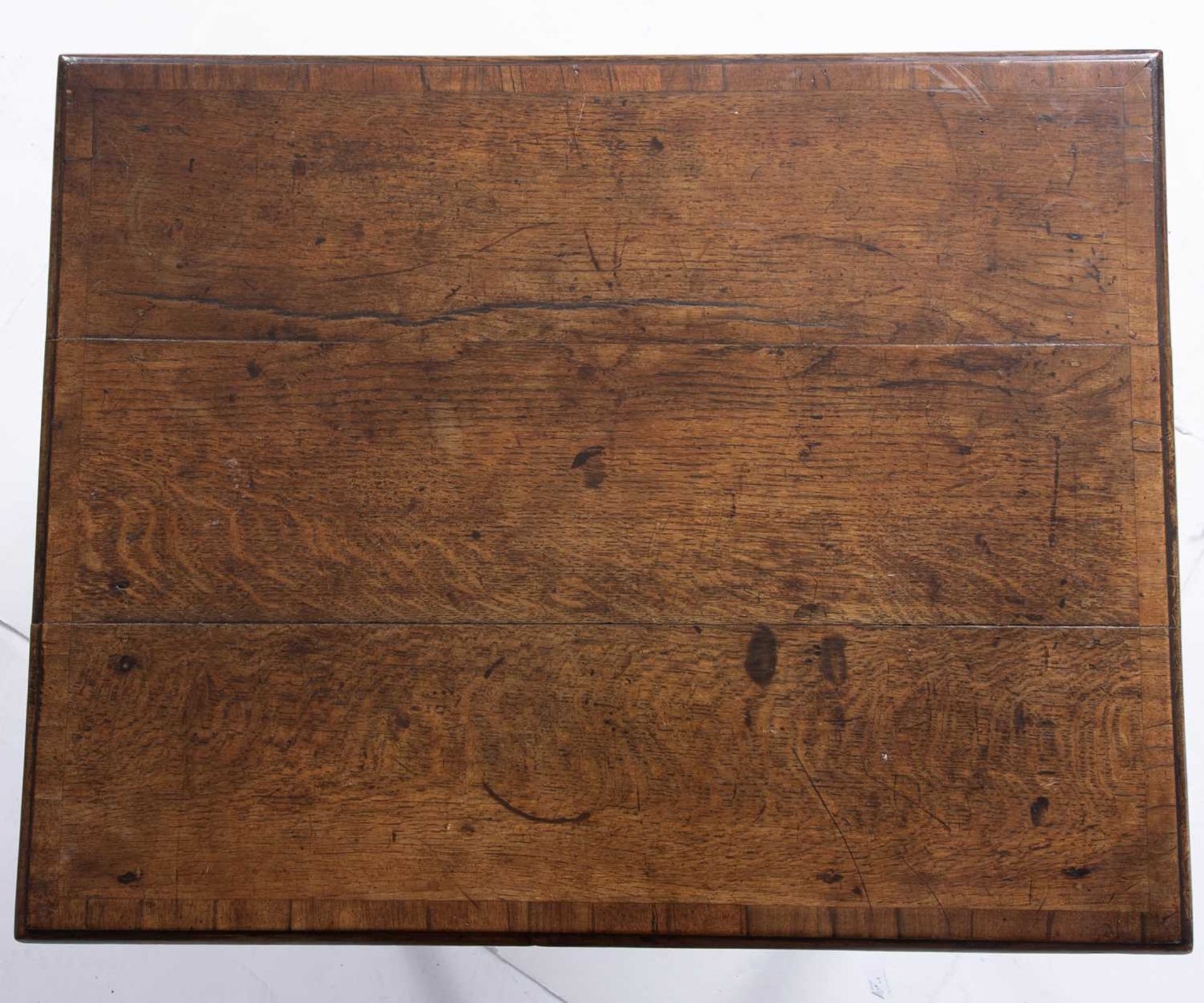 An 18th century oak low boy with three drawers and bras handles raised on turned legs and pad - Image 6 of 6