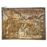 An Indian embossed rectangular copper panel decorated two figures mounted on mythological tapir like