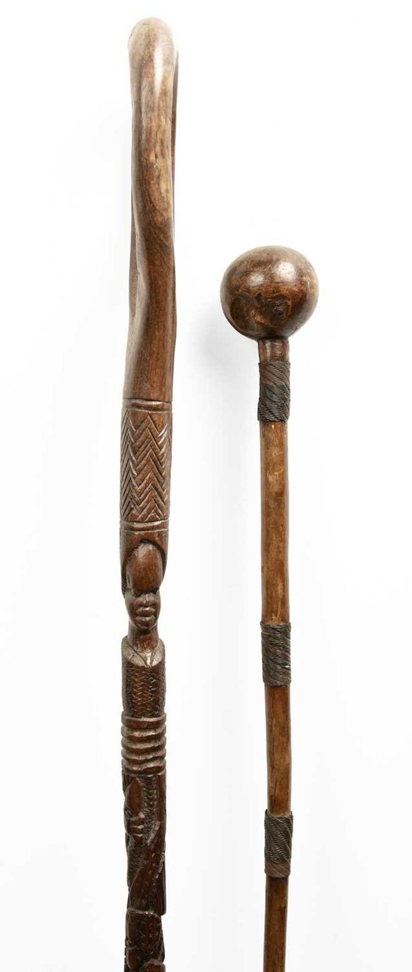 Knob kerry stick African, possibly Zulu, 84cm and another carved stick, 96cm (2)The knob kerry has