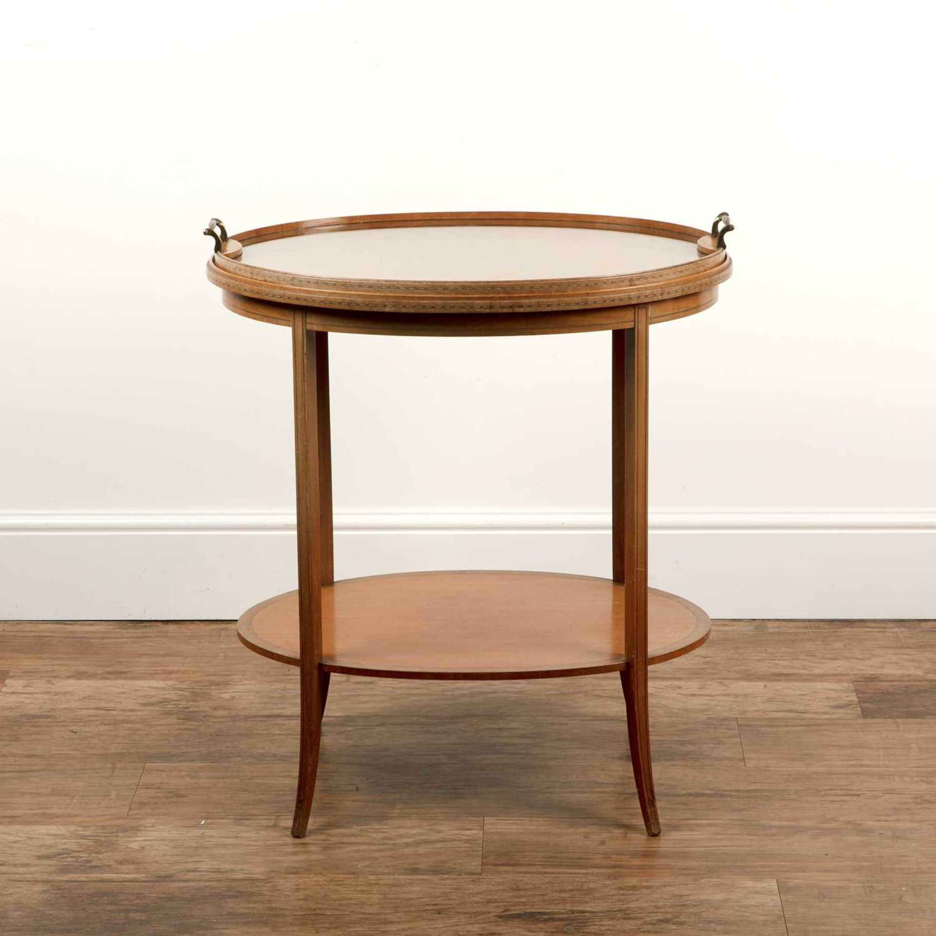 Oval two tier table satinwood with a tray top, 66cm long x 46cm wide x 72cm highIn generally good - Image 2 of 4