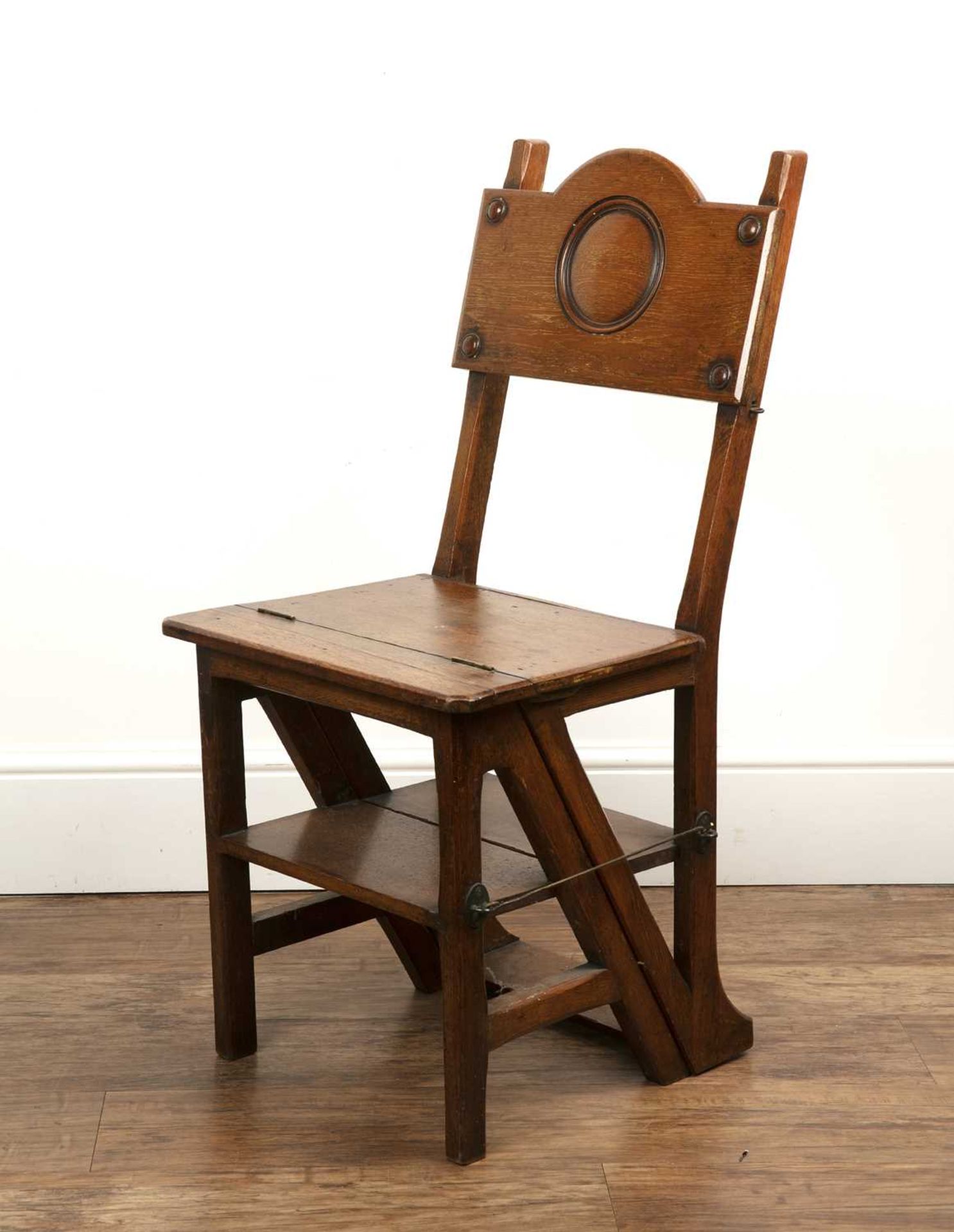 Oak metamorphic chair/library steps Victorian, with carved roundel back, 89cm high overall when - Image 2 of 5