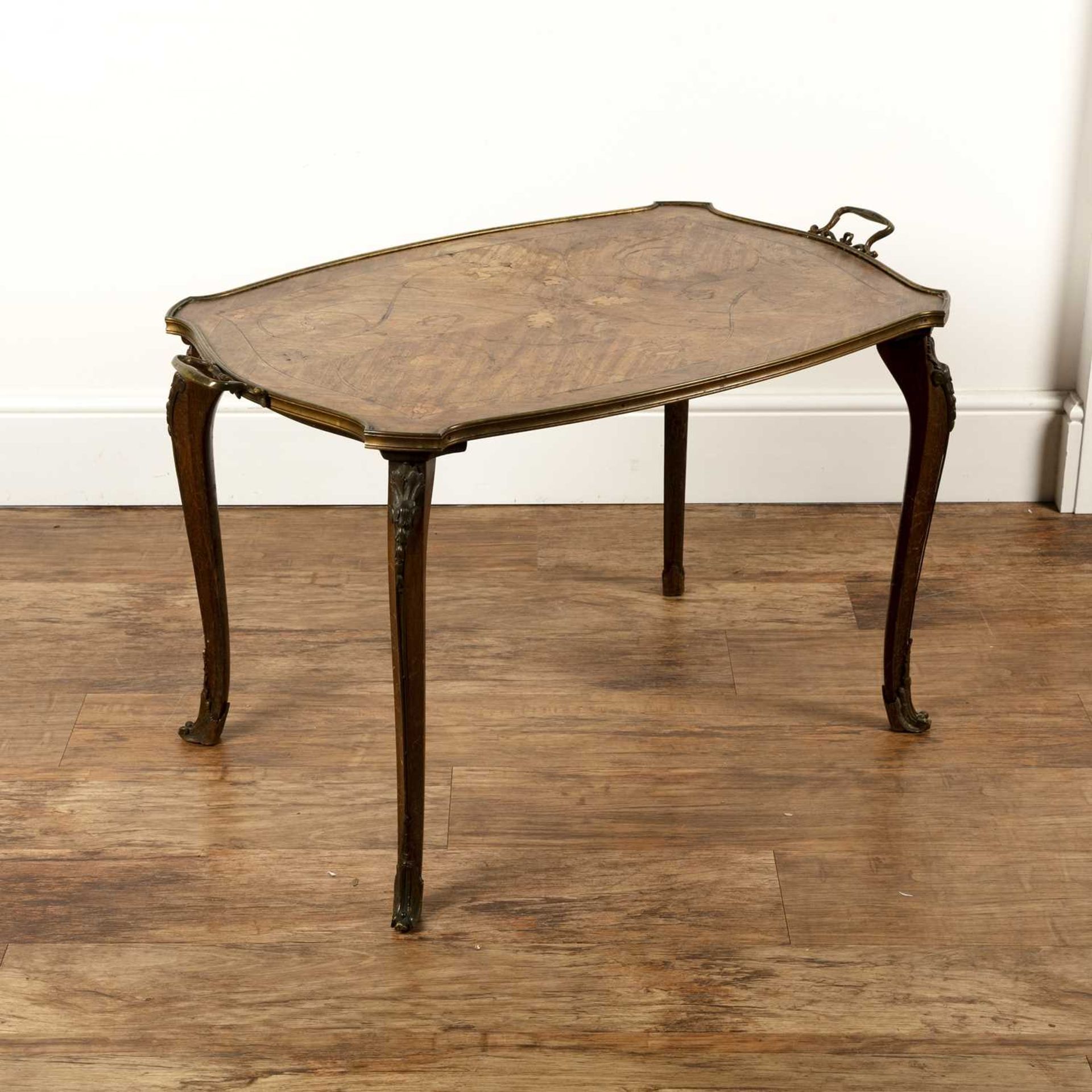 Marquetry and gilt metal low table French, the shaped top with carrying handles, 92cm long x 56cm - Image 3 of 4