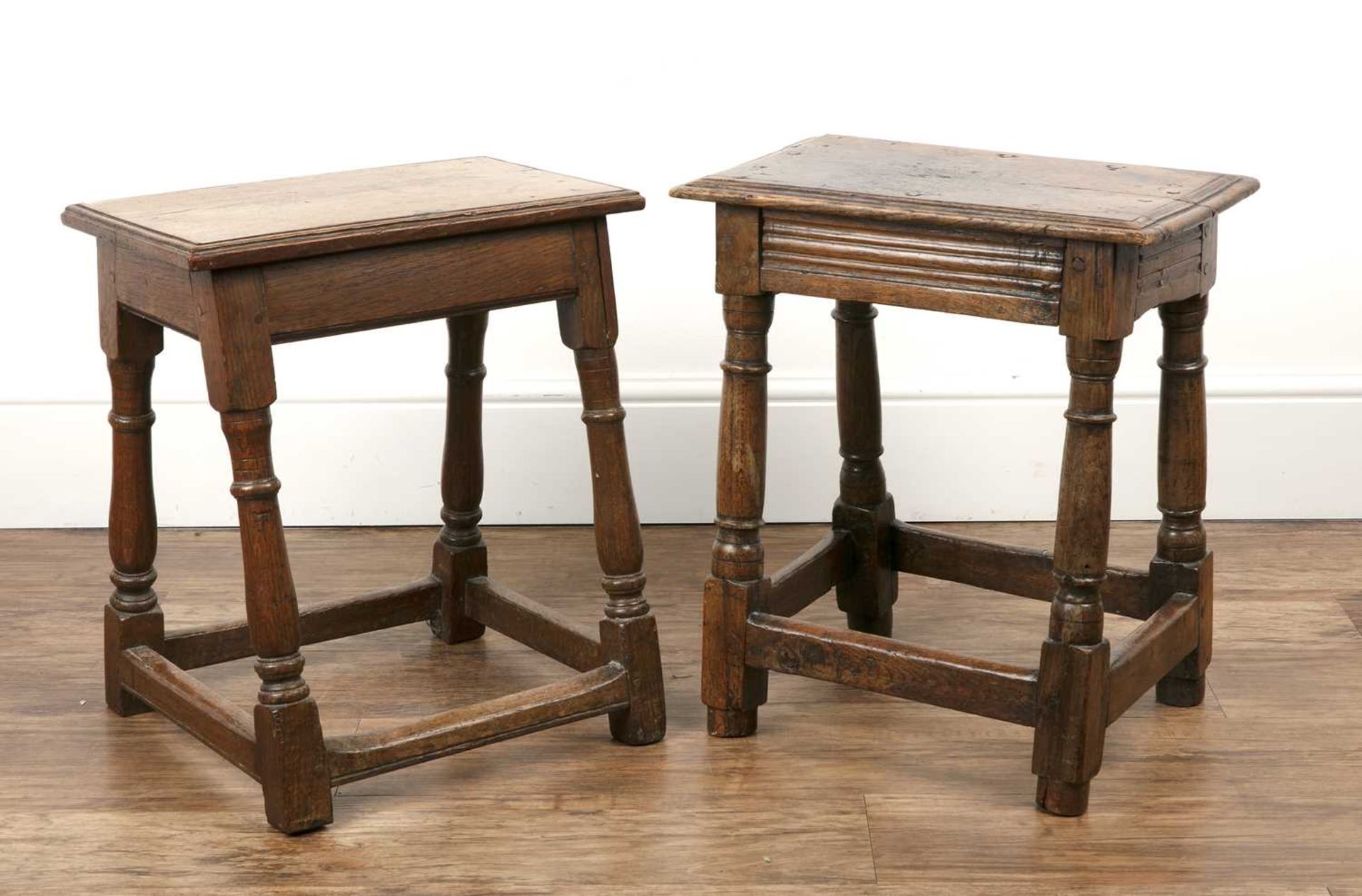 Two oak joint stools 18th Century and later, the larger example measures 44cm x 27.5cm x 51.5cm, the - Image 2 of 5