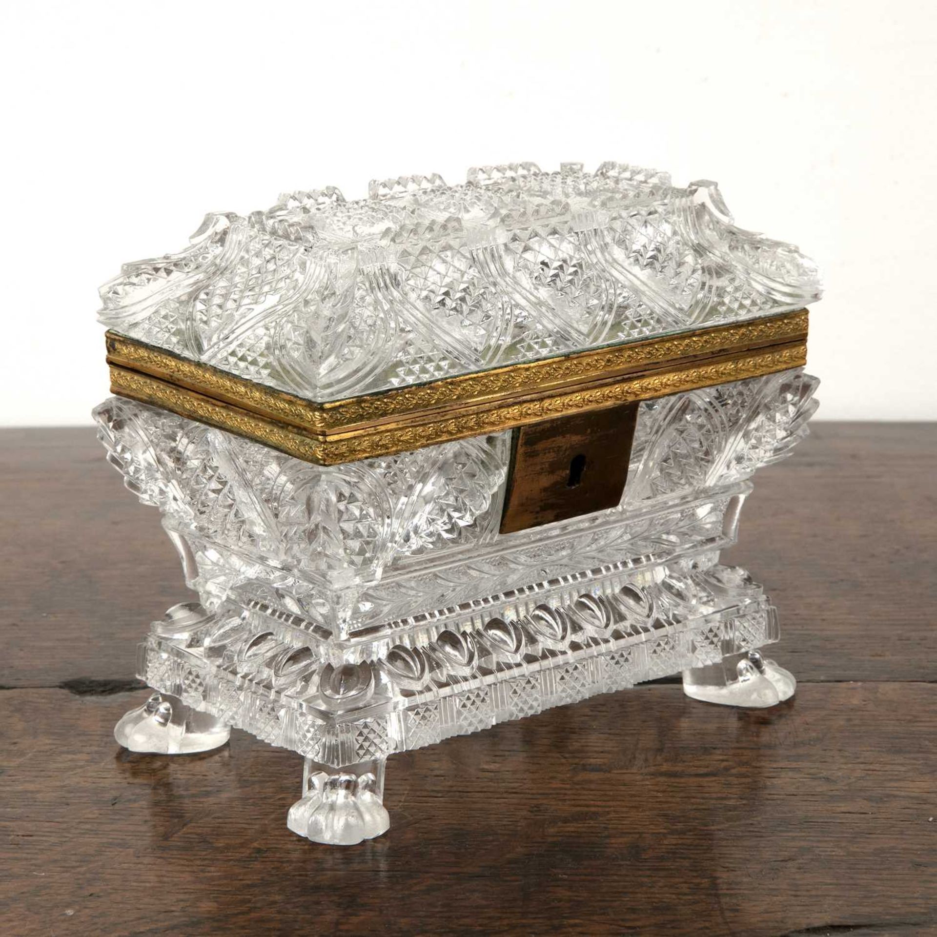 French Charles X style glass casket or coffin with gilt metal mounts on a pressed or moulded glass - Image 2 of 5