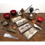 Group of pieces including a stereoscope and slides, lacquer, a miniature Chinese silver beaker and