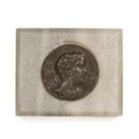 Bronze uni-face medal of Hercules Italian, mounted as a paperweight on a marble base, 4cm
