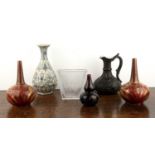 Group of pieces including a double gourd Doulton flambe vase, 15cm, a pair of bottle vases, 21cm