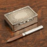 19th Century silver snuff box with floral borders and engraved with foliate scrolling designs,