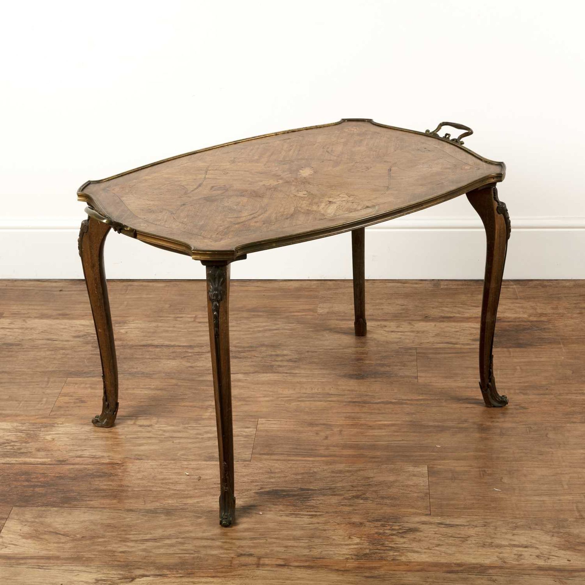 Marquetry and gilt metal low table French, the shaped top with carrying handles, 92cm long x 56cm - Image 4 of 4