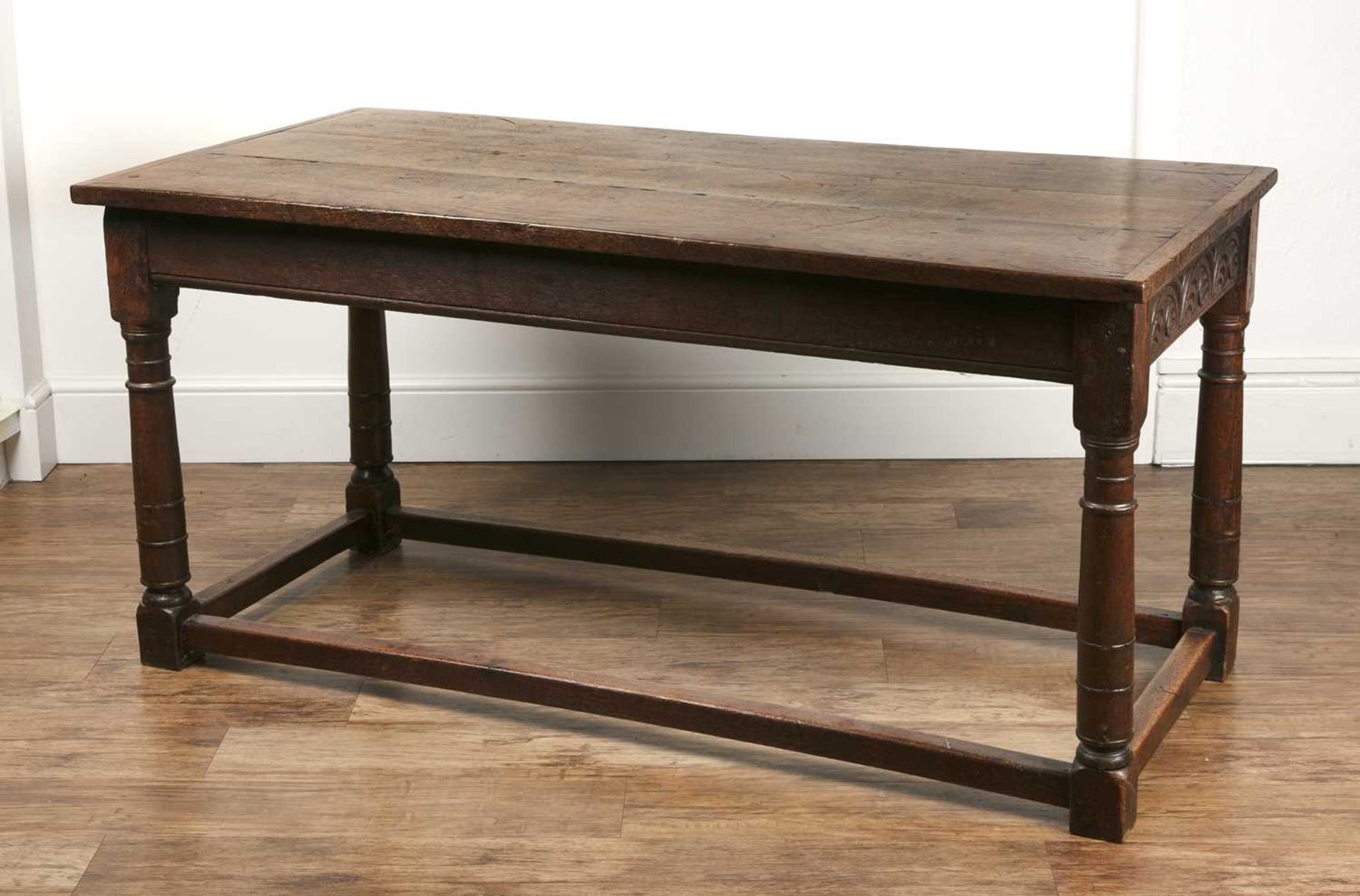 Oak plank top refectory table 18th Century and later, on turned supports and stretcher,, 156cm x - Image 7 of 10