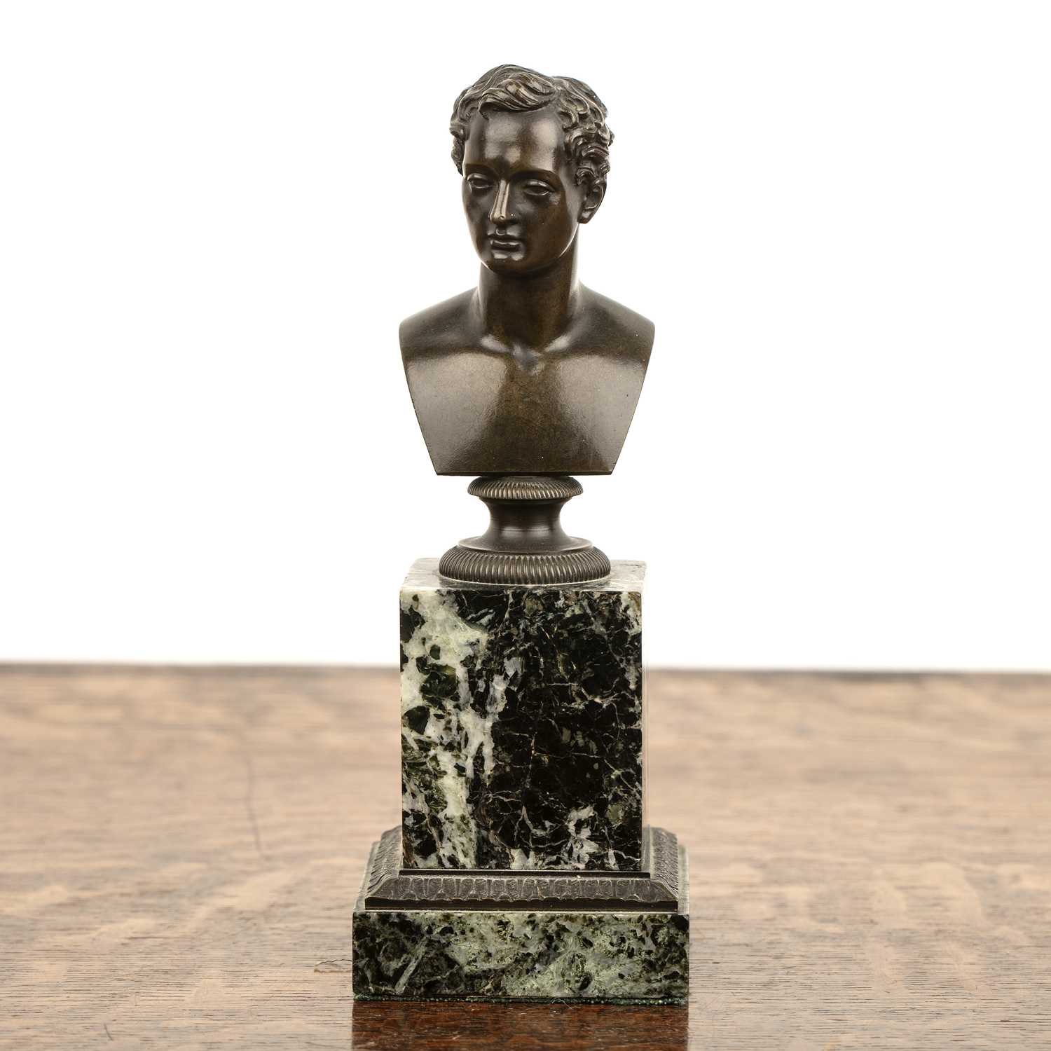 19th Century English School bronze bust of a male, on a green marble stepped plinth, 17cm high - Image 2 of 6