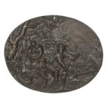 Oval bronze relief plaque German, 17th/18th Century, depicting 'The Flight into Egypt', 20.3cm x16cm