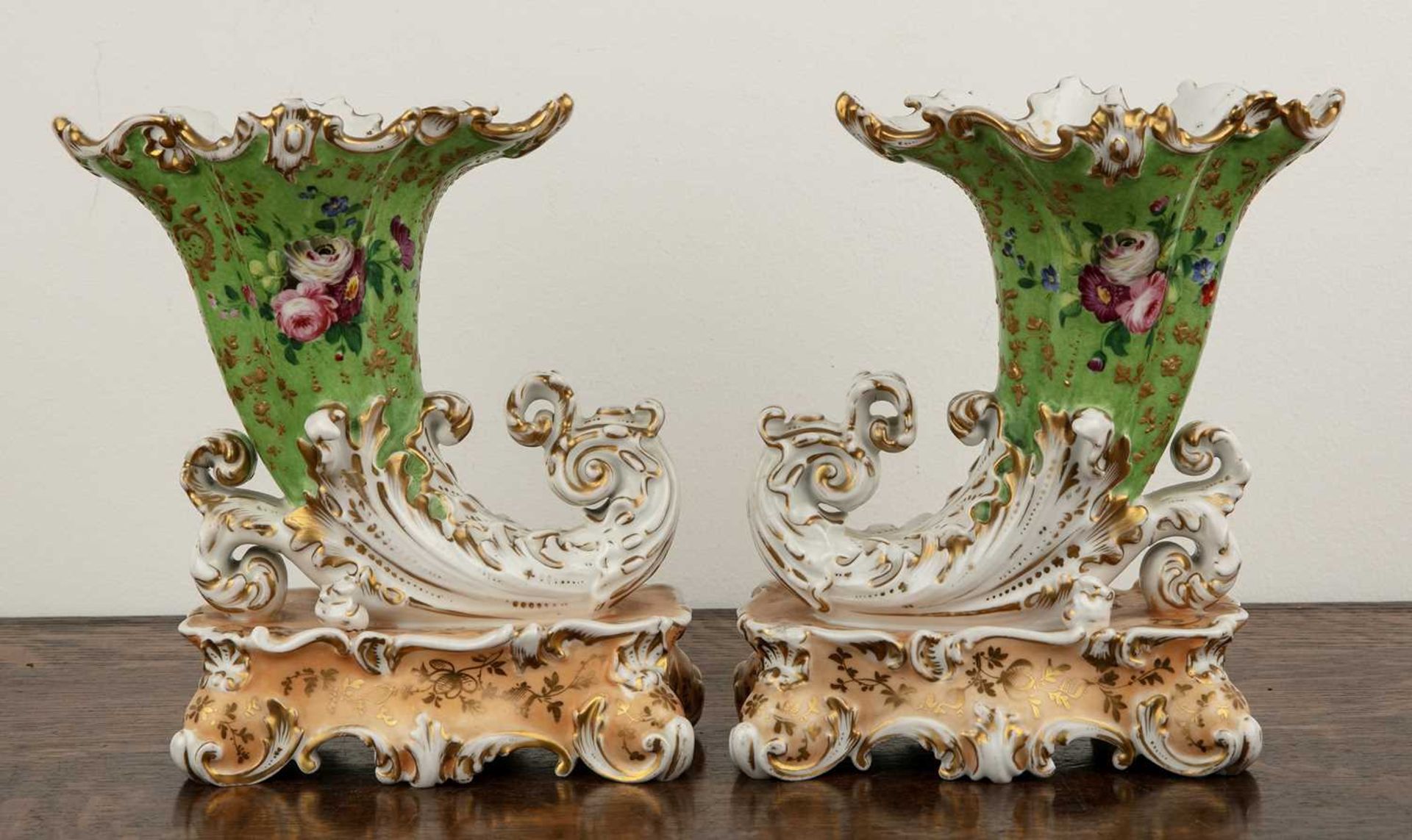 Pair of Jacob Petit porcelain cornucopia vases decorated with flowers and gilt highlights on an - Image 2 of 4