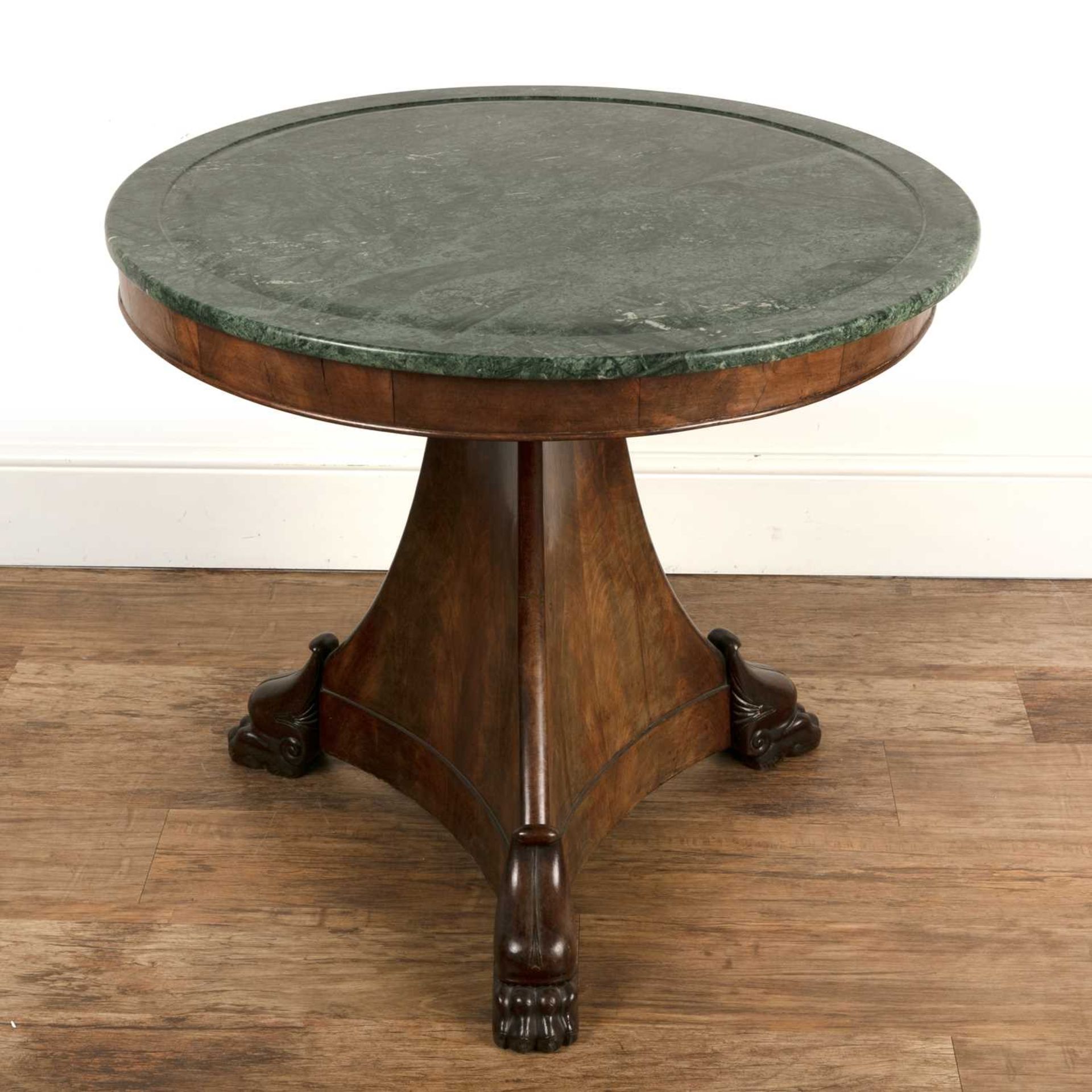 Mahogany centre or library table With a later green marble top, a triform base, and claw feet, 83. - Image 2 of 4