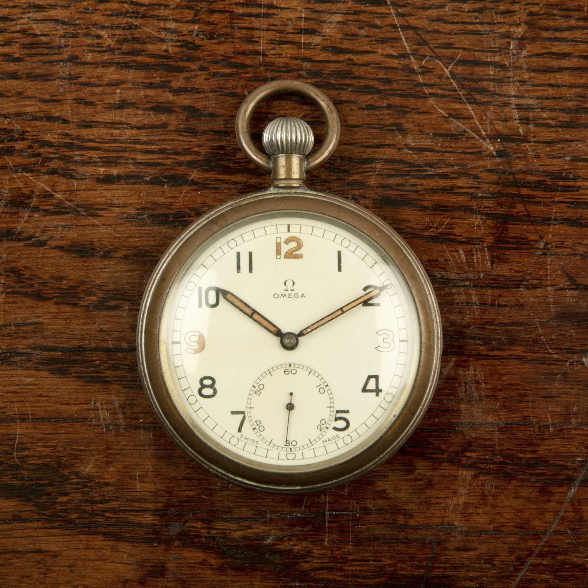 Omega GSTP military pocketwatch in a steel case, the white dial with painted numerals and subsidiary