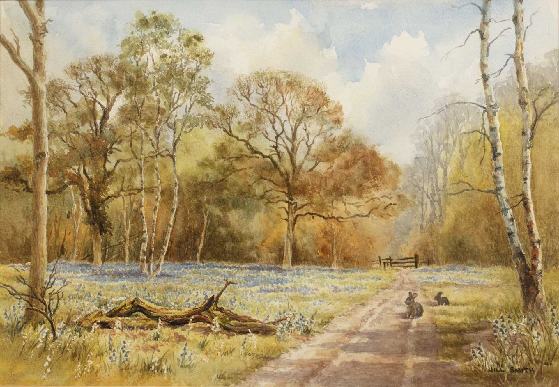 Jill Smith (Contemporary) 'Bluebell woods with rabbits', watercolour, signed lower right, 24cm x